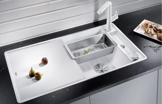 BLANCO Axia III 5 S-F HSB (Holzschneidbrett) Silgranit PuraDurII Granitsple Flchenbndig Ablaufsystem InFino mit Drehknopfventil