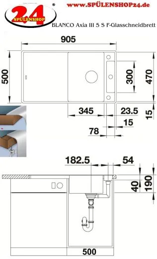 BLANCO Axia III 5 S-F GSB (Glasschneidbrett) Silgranit PuraDurII Granitsple Flchenbndig Ablaufsystem InFino mit Drehknopfventil
