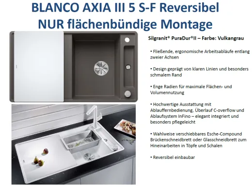 BLANCO Axia III 5 S-F GSB (Glasschneidbrett) Silgranit PuraDurII Granitsple Flchenbndig Ablaufsystem InFino mit Drehknopfventil