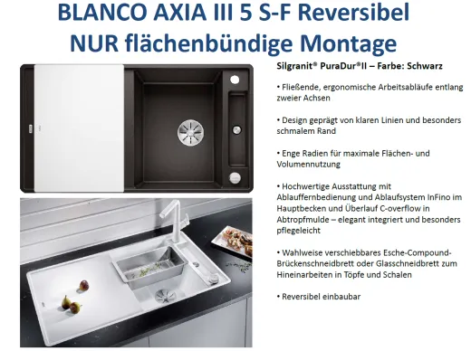 BLANCO Axia III 5 S-F GSB (Glasschneidbrett) Silgranit PuraDurII Granitsple Flchenbndig Ablaufsystem InFino mit Drehknopfventil