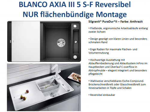 BLANCO Axia III 5 S-F GSB (Glasschneidbrett) Silgranit PuraDurII Granitsple Flchenbndig Ablaufsystem InFino mit Drehknopfventil