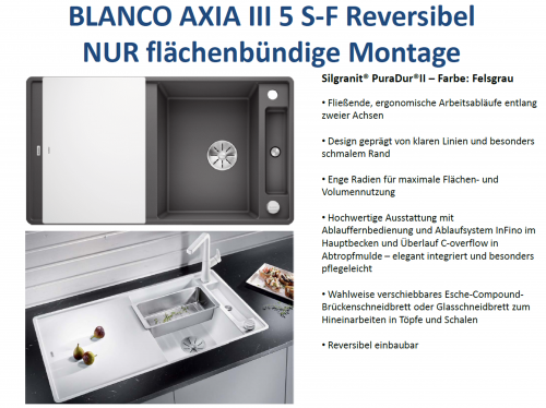 BLANCO Axia III 5 S-F GSB (Glasschneidbrett) Silgranit PuraDurII Granitsple Flchenbndig Ablaufsystem InFino mit Drehknopfventil