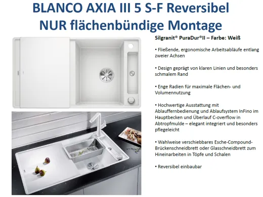 BLANCO Axia III 5 S-F GSB (Glasschneidbrett) Silgranit PuraDurII Granitsple Flchenbndig Ablaufsystem InFino mit Drehknopfventil