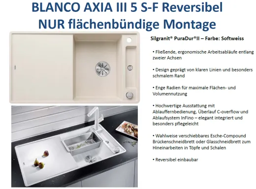 BLANCO Axia III 5 S-F GSB (Glasschneidbrett) Silgranit PuraDurII Granitsple Flchenbndig Ablaufsystem InFino mit Drehknopfventil