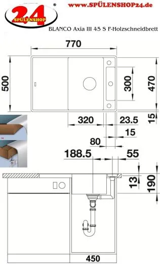 BLANCO Axia III 45 S-F HSB (Holzschneidbrett) Silgranit PuraDurII Granitsple Flchenbndig Ablaufsystem InFino mit Drehknopfventil