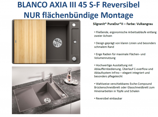BLANCO Axia III 45 S-F HSB (Holzschneidbrett) Silgranit PuraDurII Granitsple Flchenbndig Ablaufsystem InFino mit Drehknopfventil