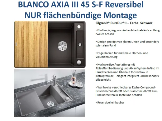 BLANCO Axia III 45 S-F HSB (Holzschneidbrett) Silgranit PuraDurII Granitsple Flchenbndig Ablaufsystem InFino mit Drehknopfventil