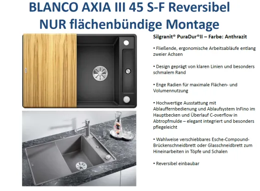BLANCO Axia III 45 S-F HSB (Holzschneidbrett) Silgranit PuraDurII Granitsple Flchenbndig Ablaufsystem InFino mit Drehknopfventil