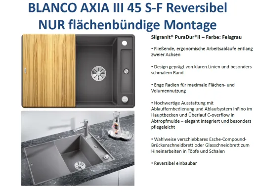 BLANCO Axia III 45 S-F HSB (Holzschneidbrett) Silgranit PuraDurII Granitsple Flchenbndig Ablaufsystem InFino mit Drehknopfventil
