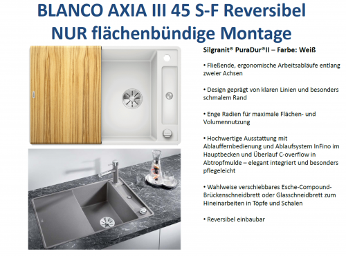 BLANCO Axia III 45 S-F HSB (Holzschneidbrett) Silgranit PuraDurII Granitsple Flchenbndig Ablaufsystem InFino mit Drehknopfventil