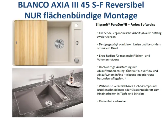 BLANCO Axia III 45 S-F HSB (Holzschneidbrett) Silgranit PuraDurII Granitsple Flchenbndig Ablaufsystem InFino mit Drehknopfventil