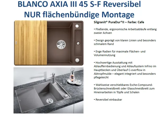 BLANCO Axia III 45 S-F HSB (Holzschneidbrett) Silgranit PuraDurII Granitsple Flchenbndig Ablaufsystem InFino mit Drehknopfventil