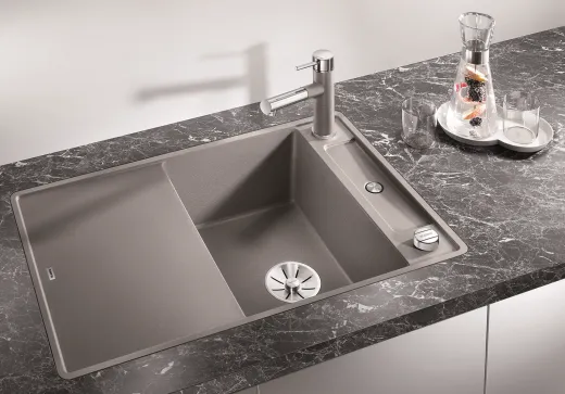 BLANCO Axia III 45 S-F HSB (Holzschneidbrett) Silgranit PuraDurII Granitsple Flchenbndig Ablaufsystem InFino mit Drehknopfventil