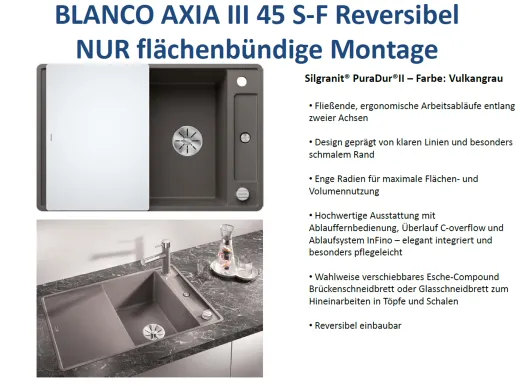 BLANCO Axia III 4 S-F GSB (Glasschneidbrett) Silgranit PuraDurII Granitsple Flchenbndig Ablaufsystem InFino mit Drehknopfventil
