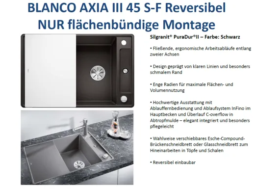 BLANCO Axia III 4 S-F GSB (Glasschneidbrett) Silgranit PuraDurII Granitsple Flchenbndig Ablaufsystem InFino mit Drehknopfventil