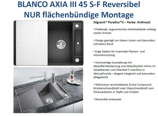 BLANCO Axia III 4 S-F GSB (Glasschneidbrett) Silgranit PuraDurII Granitsple Flchenbndig Ablaufsystem InFino mit Drehknopfventil