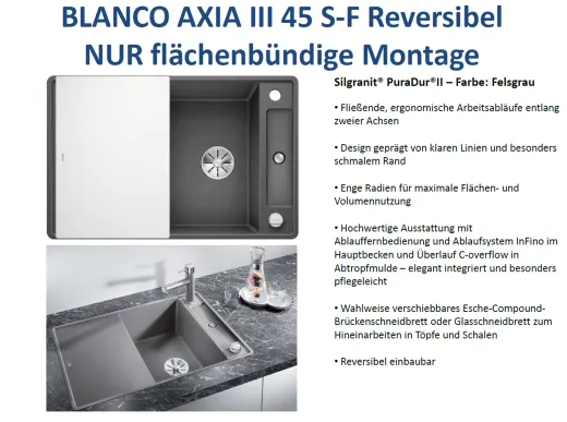 BLANCO Axia III 4 S-F GSB (Glasschneidbrett) Silgranit PuraDurII Granitsple Flchenbndig Ablaufsystem InFino mit Drehknopfventil