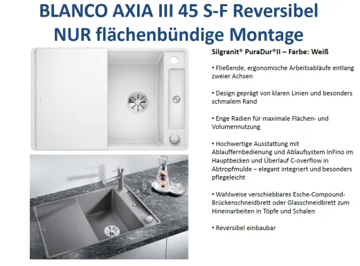 BLANCO Axia III 4 S-F GSB (Glasschneidbrett) Silgranit PuraDurII Granitsple Flchenbndig Ablaufsystem InFino mit Drehknopfventil