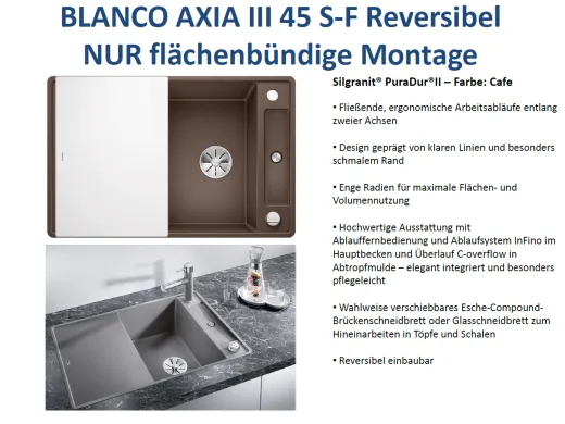 BLANCO Axia III 4 S-F GSB (Glasschneidbrett) Silgranit PuraDurII Granitsple Flchenbndig Ablaufsystem InFino mit Drehknopfventil