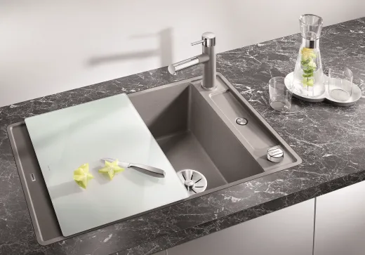 BLANCO Axia III 4 S-F GSB (Glasschneidbrett) Silgranit PuraDurII Granitsple Flchenbndig Ablaufsystem InFino mit Drehknopfventil