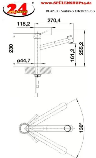 BLANCO Kchenarmatur Ambis-S Edelstahl massiv Einhebelmischer / Spltischarmatur mit Zugauslauf mit Brausefunktion