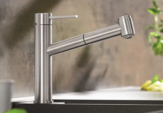 BLANCO Kchenarmatur Ambis-S Edelstahl massiv Einhebelmischer / Spltischarmatur mit Zugauslauf mit Brausefunktion
