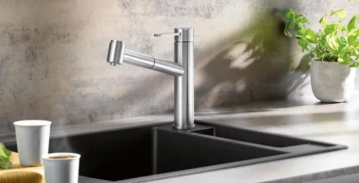 BLANCO Kchenarmatur Ambis-S Edelstahl massiv Einhebelmischer / Spltischarmatur mit Zugauslauf mit Brausefunktion