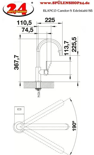 BLANCO Kchenarmatur Candor-S Edelstahl massiv Einhebelmischer / Spltischarmatur mit Zugauslauf als verdeckter Auslauf