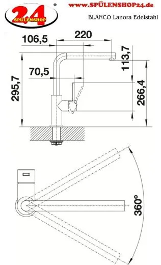 BLANCO Kchenarmatur Lanora Edelstahl massiv Einhebelmischer / Spltischarmatur mit Festauslauf 360 schwenkbarer Auslauf