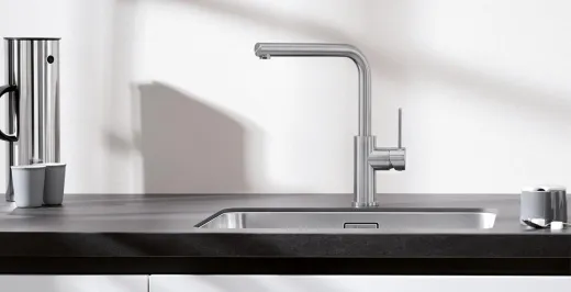 BLANCO Kchenarmatur Lanora Edelstahl massiv Einhebelmischer / Spltischarmatur mit Festauslauf 360 schwenkbarer Auslauf