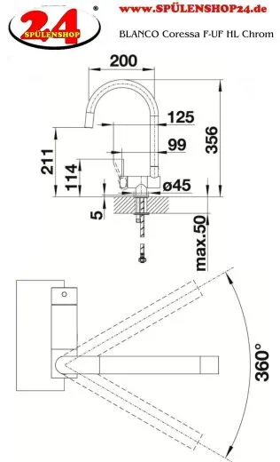 BLANCO Coressa-F Chrom Einhebelmischer mit Festauslauf 360 schwenkbarer Auslauf Vorfenstermontage Hebel links
