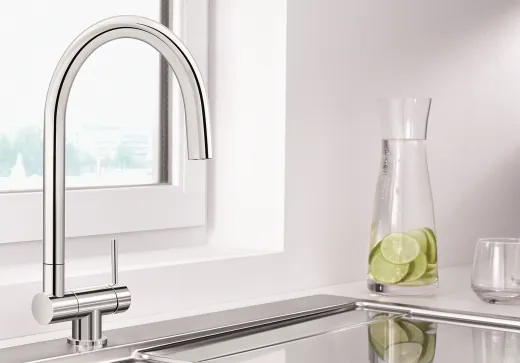 BLANCO Coressa-F Chrom Einhebelmischer mit Festauslauf 360� schwenkbarer Auslauf Vorfenstermontage Hebel rechts