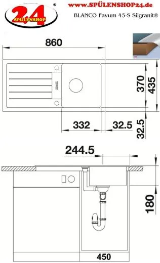 BLANCO Kchensple Favum 45 S Silgranit PuraDurII Granitsple / Einbausple mit Handbettigung