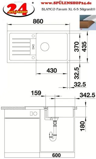 BLANCO Kchensple Favum XL 6-S Silgranit PuraDurII Granitsple / Einbausple mit Handbettigung