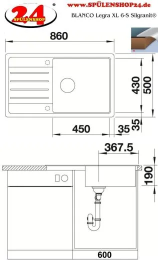 BLANCO Kchensple Legra XL 6 S Silgranit PuraDurII Granitsple / Einbausple mit Handbettigung