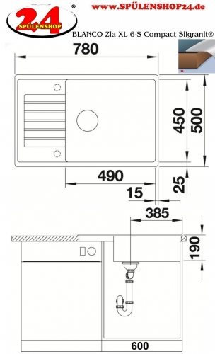 x BLANCO Kchensple Zia XL 6 S Compact Silgranit PuraDurII Granitsple / Einbausple mit Drehknopfventil