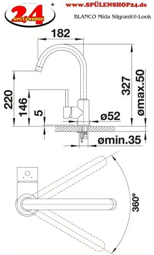 BLANCO Kchenarmatur Mida Silgranit-Look Einhebelmischer mit Festauslauf 360 schwenkbarer Auslauf