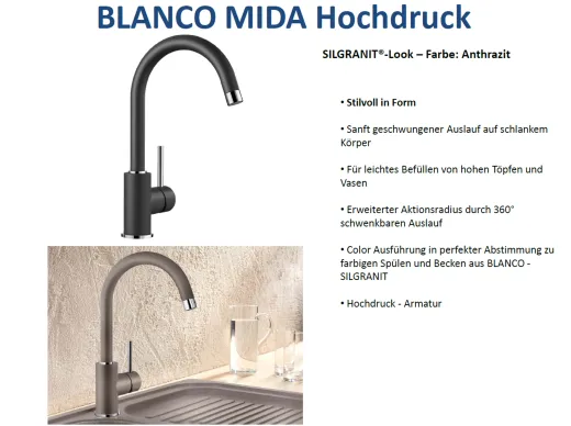 BLANCO Kchenarmatur Mida Silgranit-Look Einhebelmischer mit Festauslauf 360 schwenkbarer Auslauf