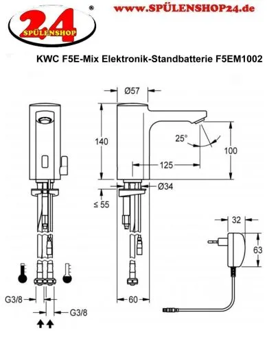 KWC PROFESSIONAL F5E-Mix Elektronik Standbatterie F5EM1002 DN 15 fr Waschanlagen, opto-elektronisch gesteuert mit Steckernetzteil
