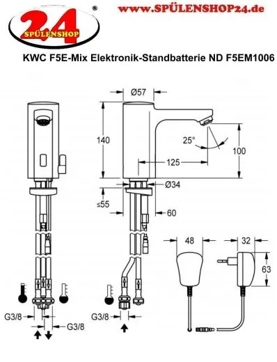 KWC PROFESSIONAL F5E-Mix Elektronik Standbatterie F5EM1006-ND DN 15 fr Waschanlagen, opto-elektronisch gesteuert mit Steckernetzteil Niederdruck