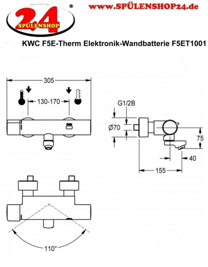 KWC PROFESSIONAL F5E-Therm Elektronik Wandbatterie F5ET1001 DN 15 zur Aufputzmontage Opto-elektronisch gesteuert mit Batteriebetrieb