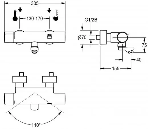 KWC PROFESSIONAL F5E-Therm Elektronik Wandbatterie F5ET1001 DN 15 zur Aufputzmontage Opto-elektronisch gesteuert mit Batteriebetrieb