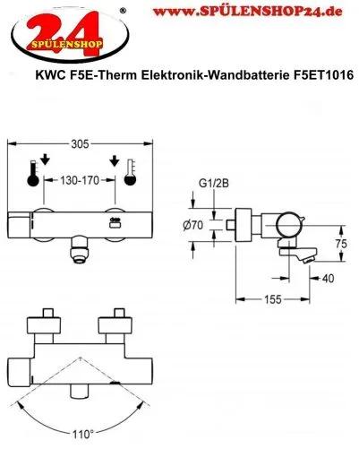KWC PROFESSIONAL F5E-Therm Elektronik Wandbatterie F5ET1016 DN 15 zur Aufputzmontage Opto-elektronisch gesteuert mit Batteriebetrieb