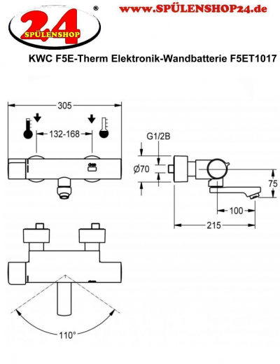KWC PROFESSIONAL F5E-Therm Elektronik Wandbatterie F5ET1017 DN 15 zur Aufputzmontage Opto-elektronisch gesteuert mit Batteriebetrieb