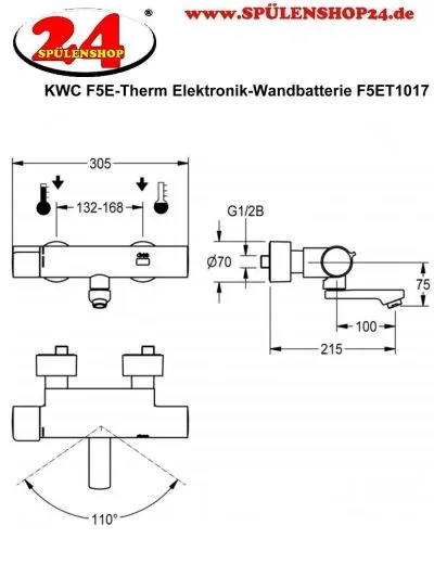 KWC PROFESSIONAL F5E-Therm Elektronik Wandbatterie F5ET1017 DN 15 zur Aufputzmontage Opto-elektronisch gesteuert mit Batteriebetrieb