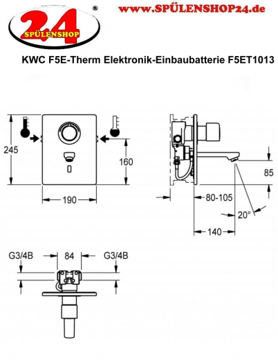 KWC PROFESSIONAL F5E-Therm Elektronik Einbaubatterie F5ET1013 DN 15 als Fertigbauset zur Wandeinbaumontage im Rohbauset