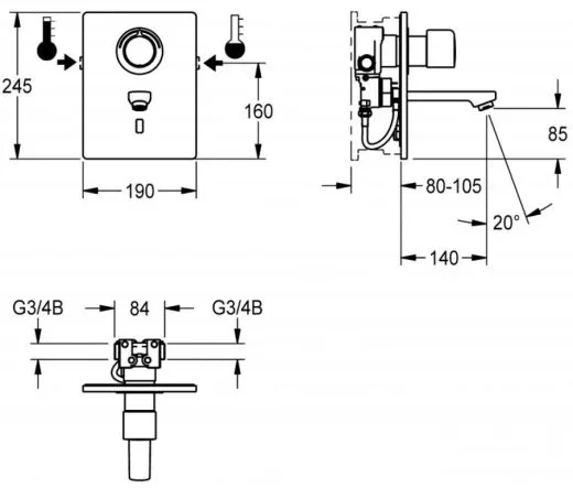KWC PROFESSIONAL F5E-Therm Elektronik Einbaubatterie F5ET1013 DN 15 als Fertigbauset zur Wandeinbaumontage im Rohbauset
