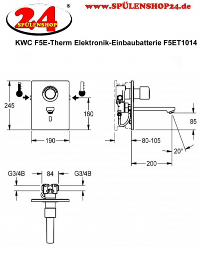 KWC PROFESSIONAL F5E-Therm Elektronik Einbaubatterie F5ET1014 DN 15 als Fertigbauset zur Wandeinbaumontage im Rohbauset