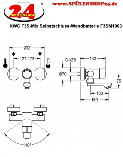 KWC PROFESSIONAL F3S-Mix Selbstschluss-Wandbatterie F3SM1003 DN 15 als Eingriffmischer zur Aufputzmontage