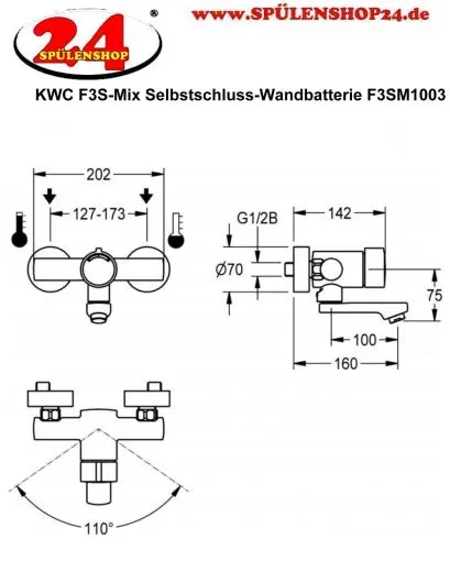KWC PROFESSIONAL F3S-Mix Selbstschluss-Wandbatterie F3SM1003 DN 15 als Eingriffmischer zur Aufputzmontage